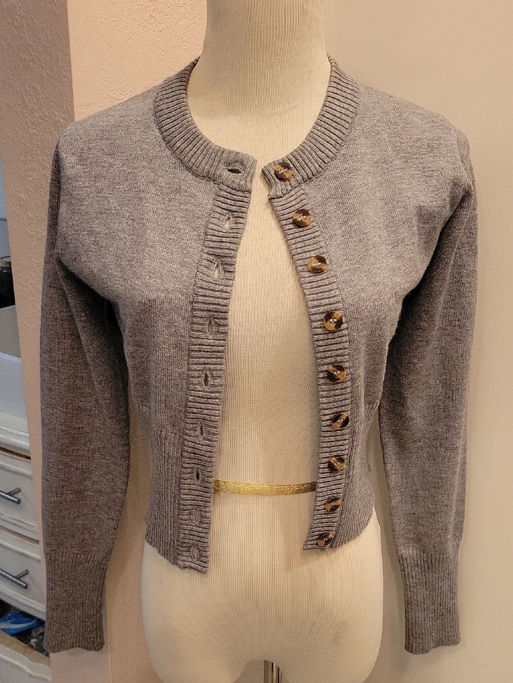 Women's Gray Round-Neck Button-Front Cardigan Sweater
